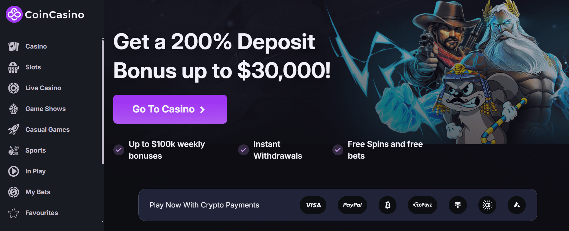Homepage of CoinCasino showcasing real-money USDT play and a full crypto casino experience