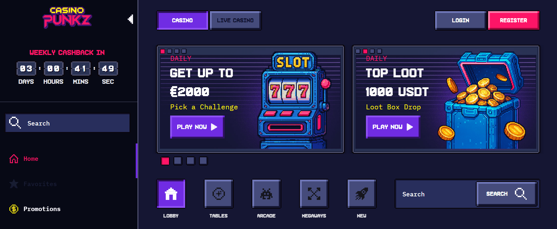 Snapshot of CasinoPunkz casino featuring missions, tournaments, and beginner rewards